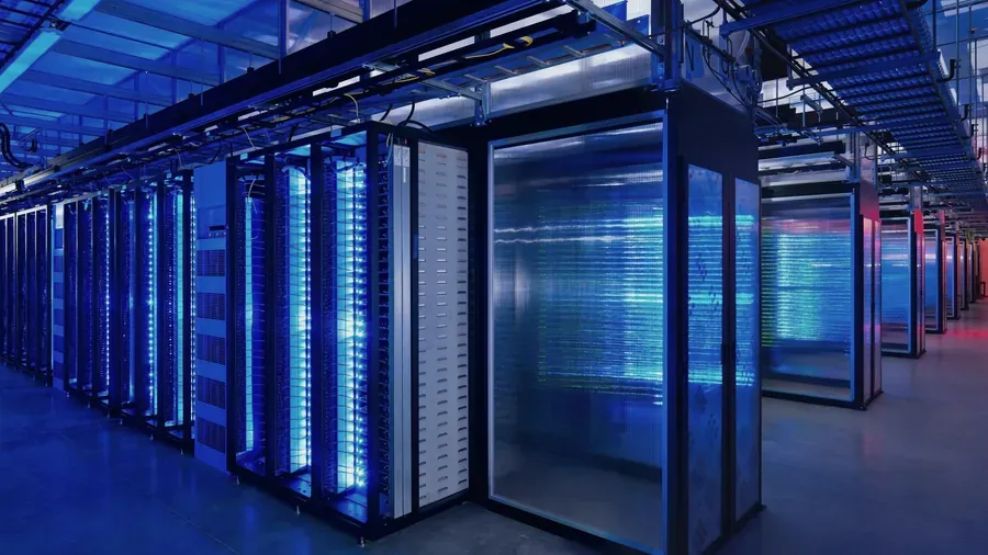 Allée de baies de serveurs dans un datacenter