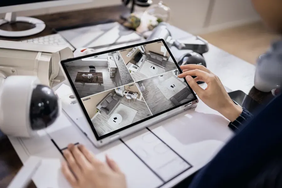Images de caméras de surveillance affichées sur une tablette, à côté d'une caméra